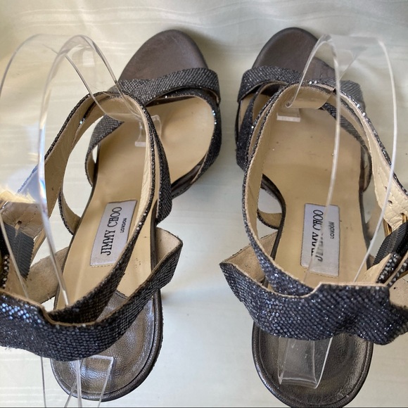 Jimmy Choo Vamp Metallic Slingback Wrap Sandals Platform Heels Glitter Silver - Picture 9 of 12